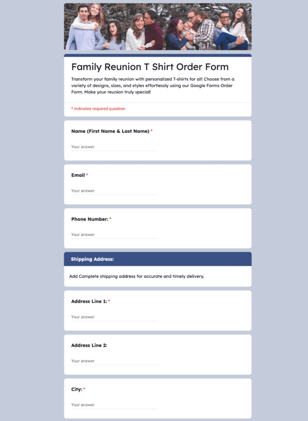 Family Reunion T Shirt Order Form