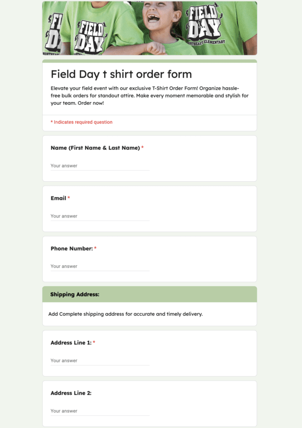 Field Day T Shirt Order Form