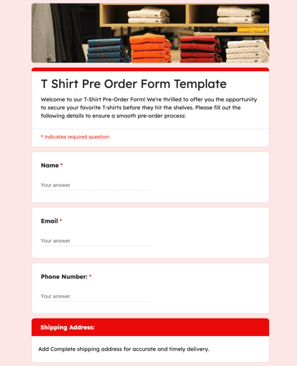 T shirt pre order form