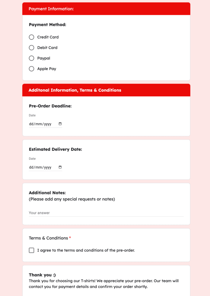 Free T Shirt Pre Order Form Template in Google Forms