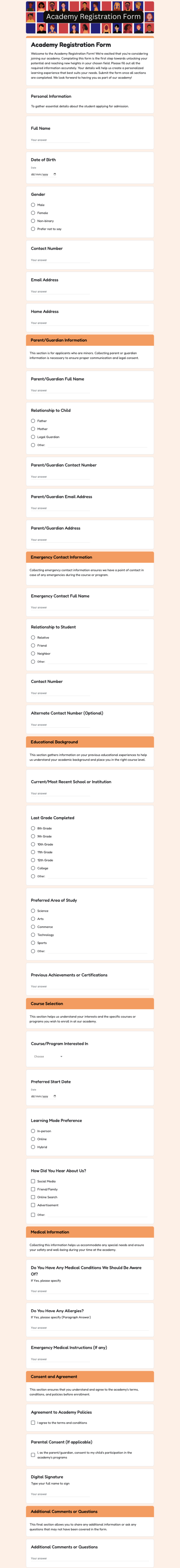 Academy Registration Form Template