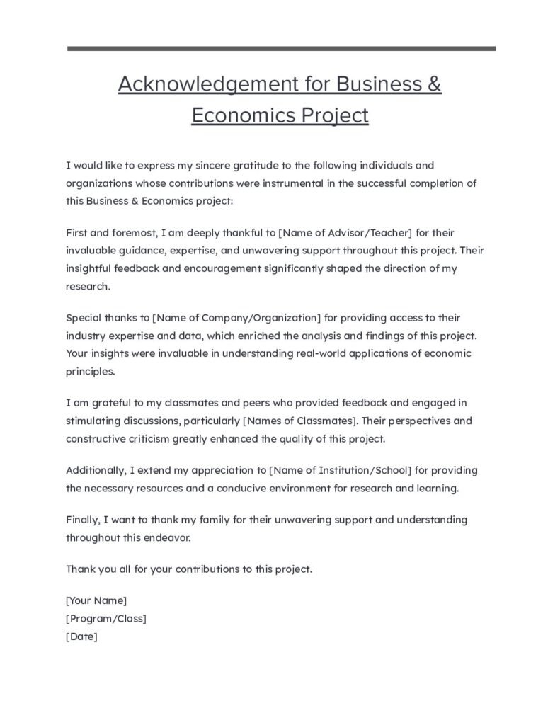 Acknowledgement for Business & Economics Project