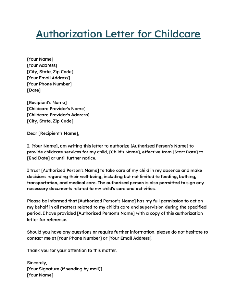 Authorization Letter for Childcare