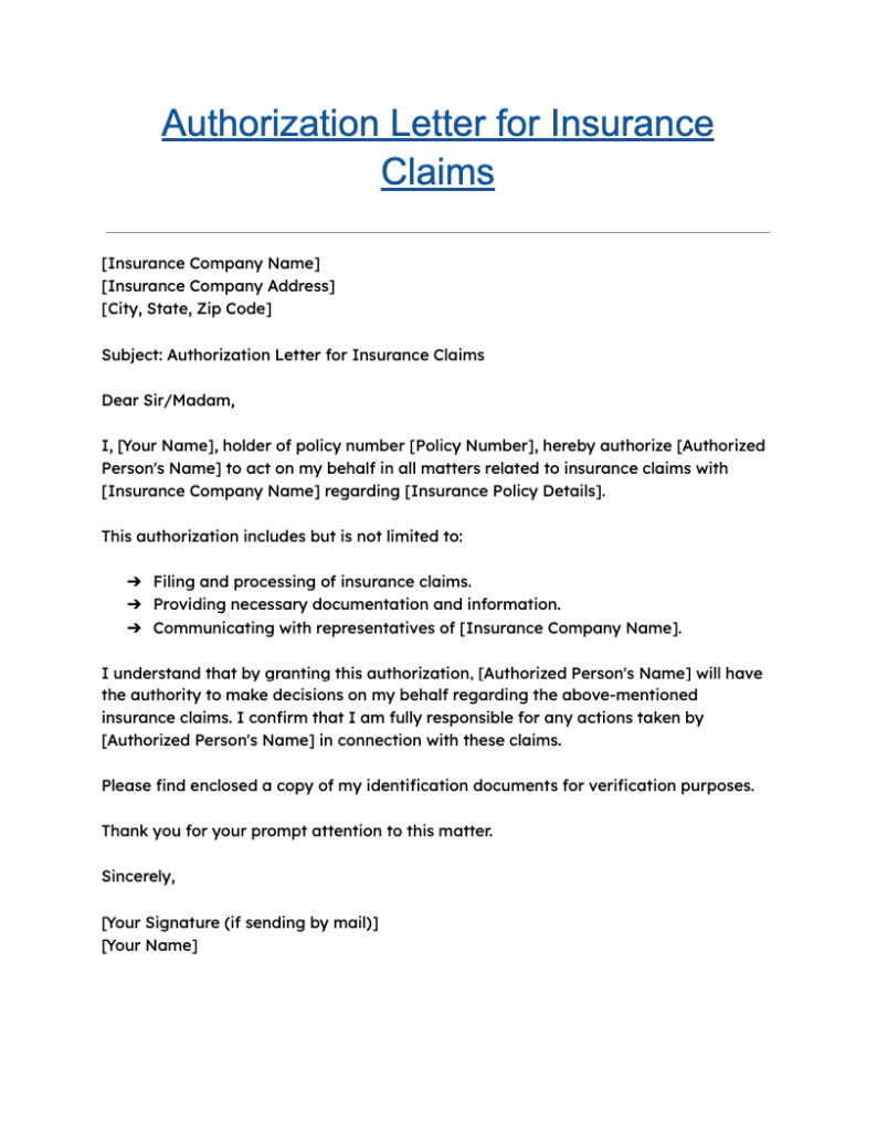 Authorization Letter for Insurance Claims