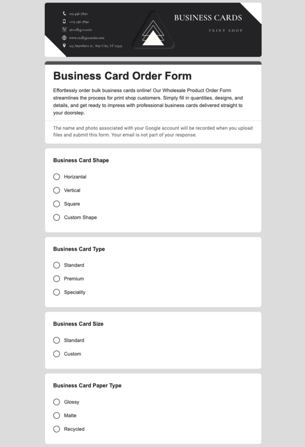 Business Card Order Form