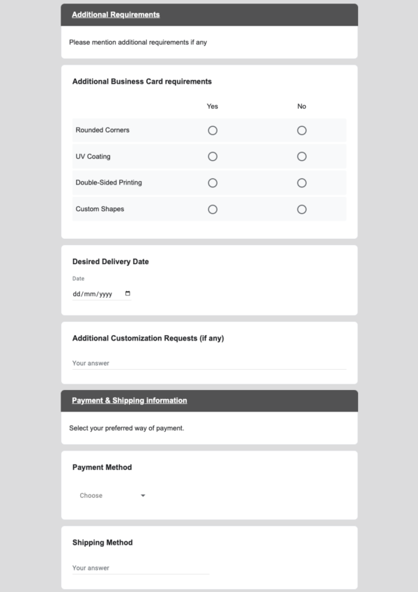 Business Card Order Form