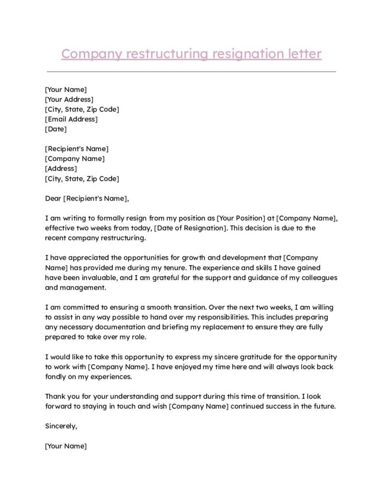 Company restructuring resignation letter