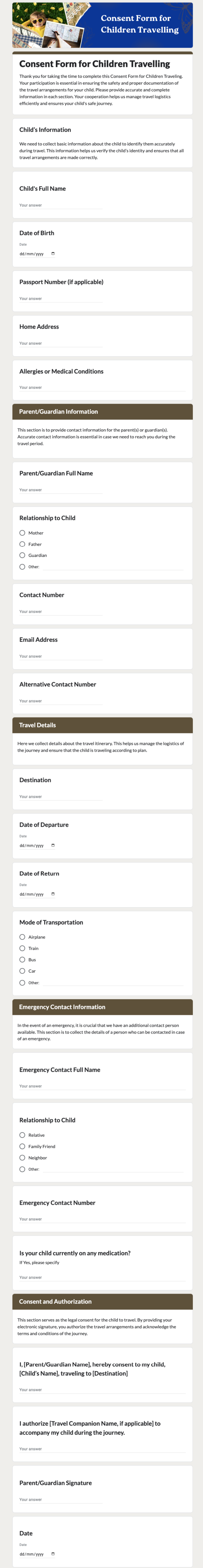 Consent Form for Children Travelling template