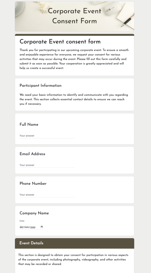 Corporate Event consent form