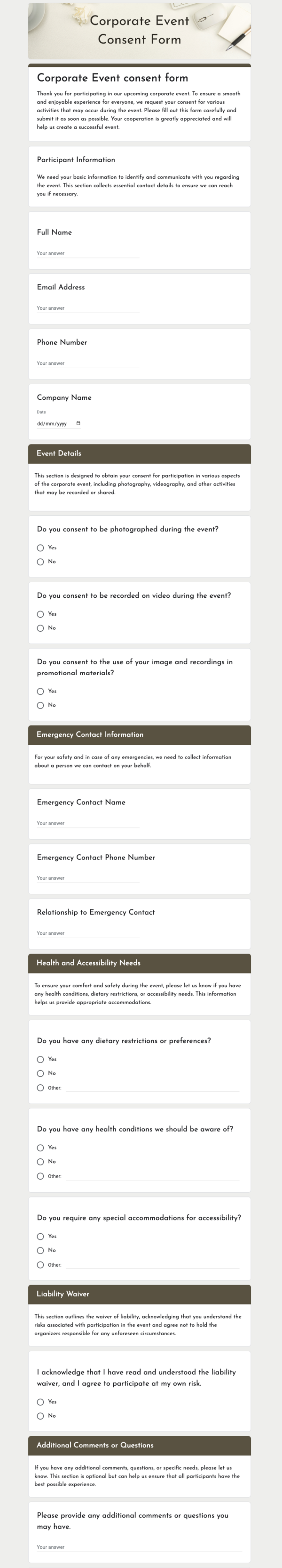 Corporate Event consent form template