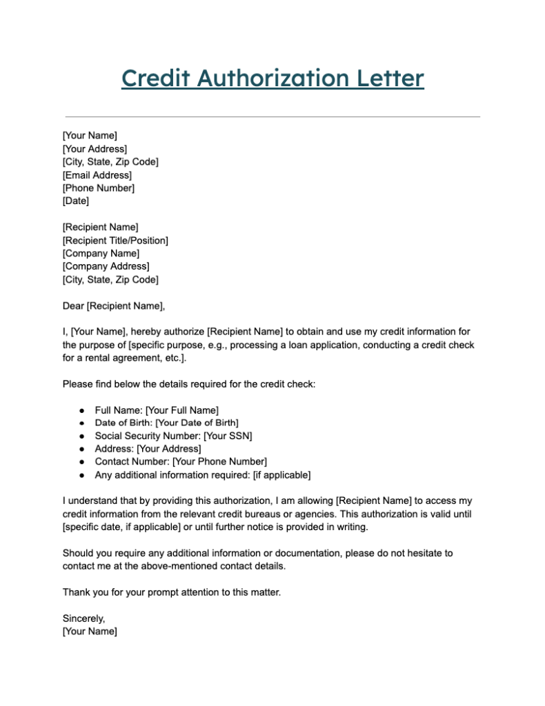 Credit Authorization Letter