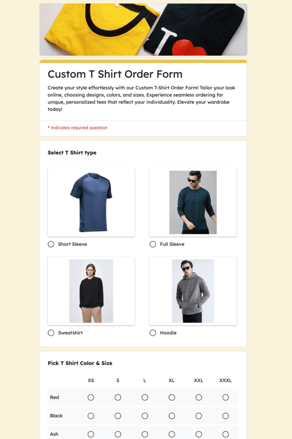 Custom T Shirt Order Form