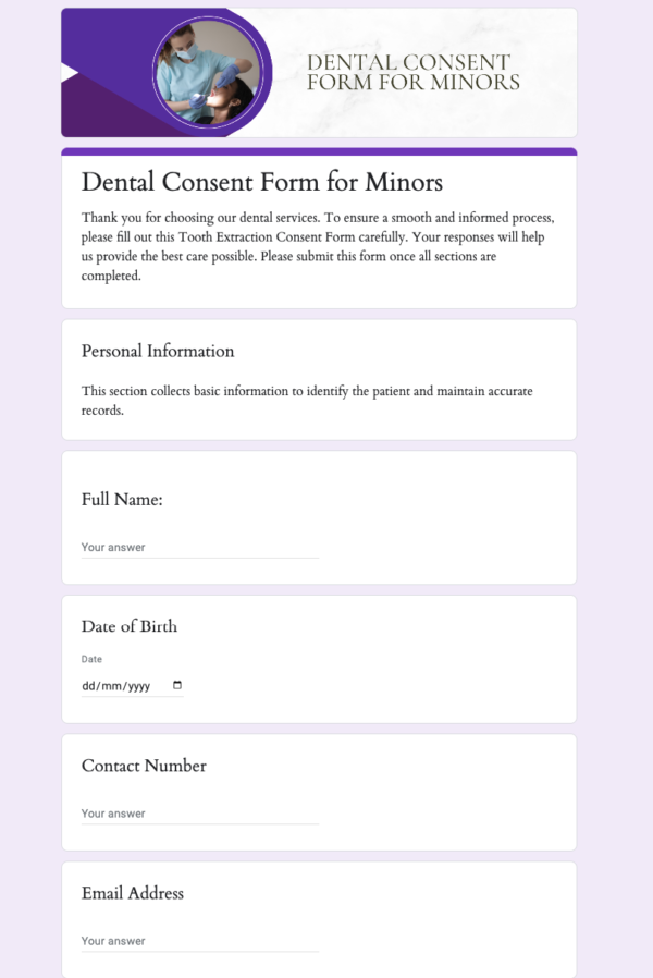 Dental Consent Form for Minors