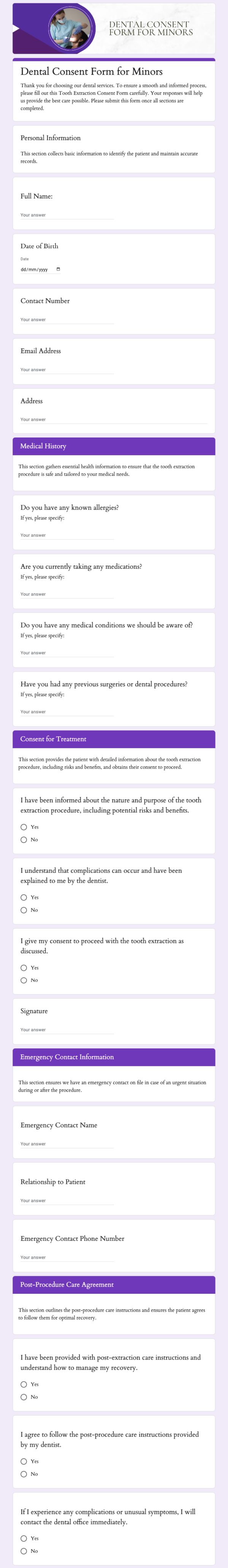 Dental Consent Form for Minors Template