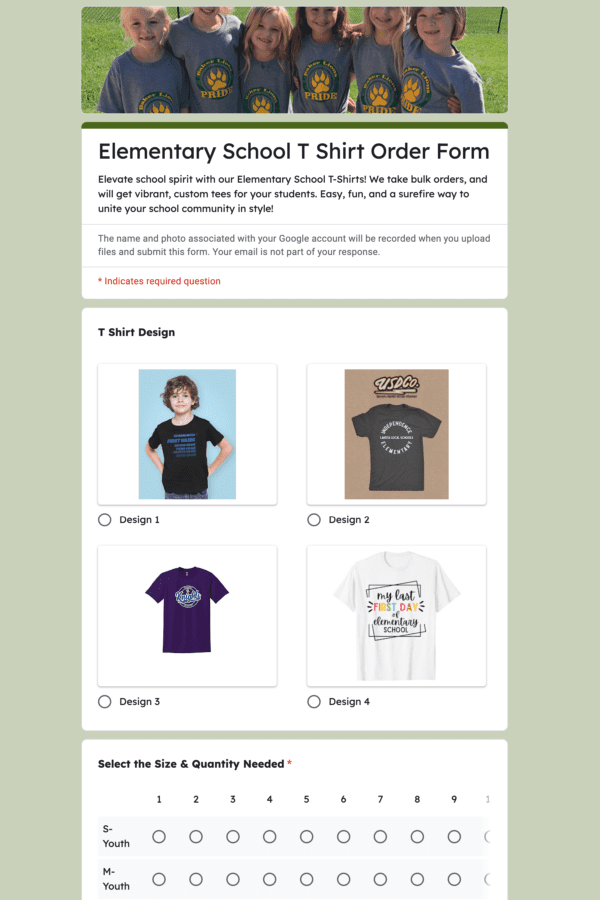 Elementary School T Shirt Order Form