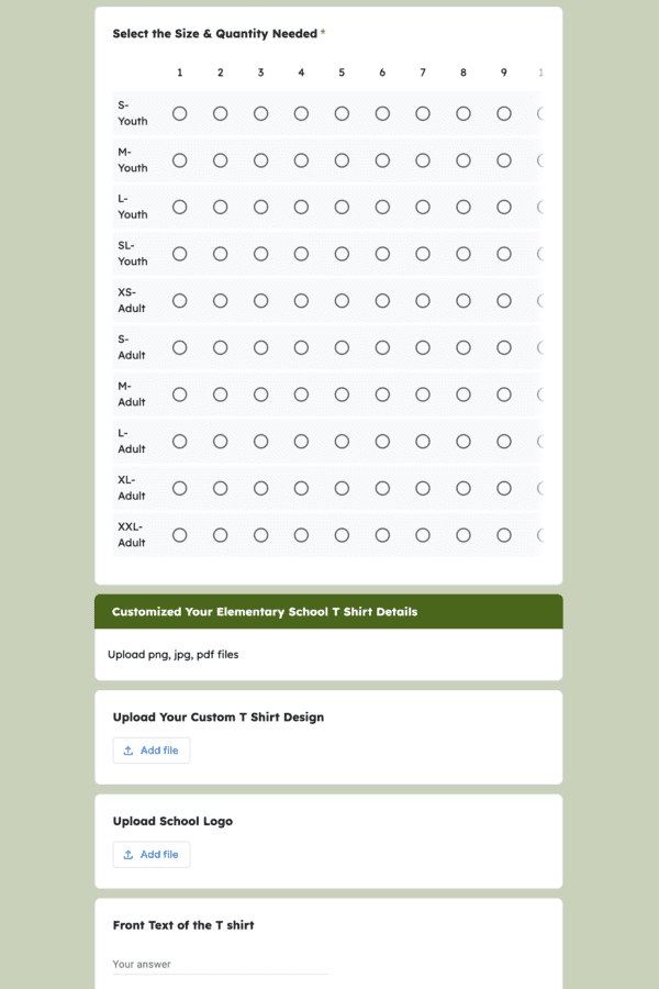 Elementary School T Shirt Order Form