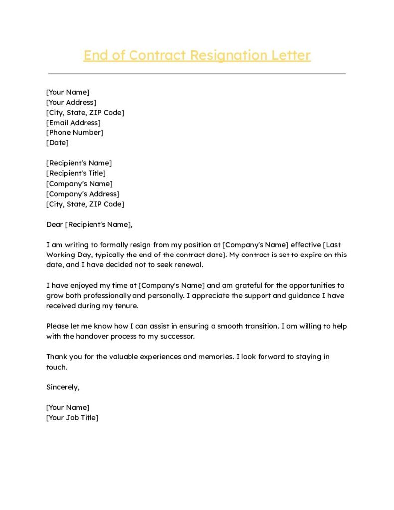 End of Contract Resignation Letter