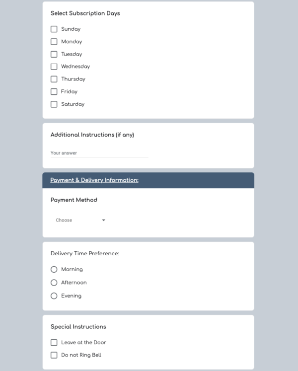 Food Product Subscription Delivery Order Form