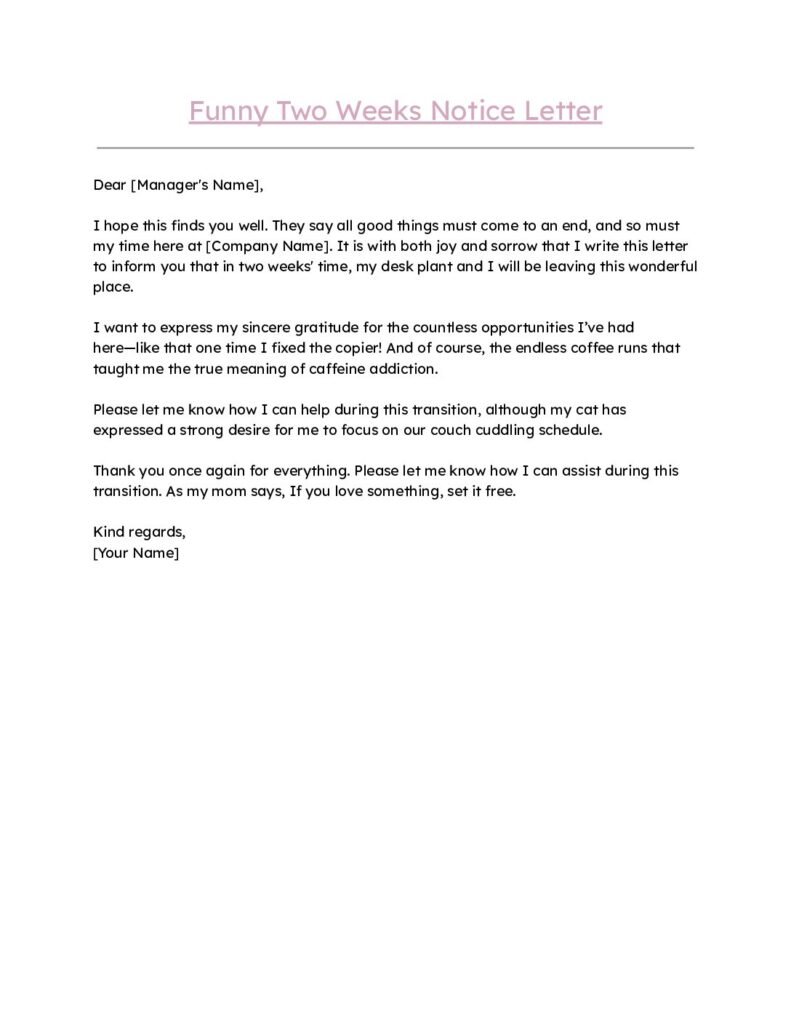 Funny Two Weeks Notice Letter