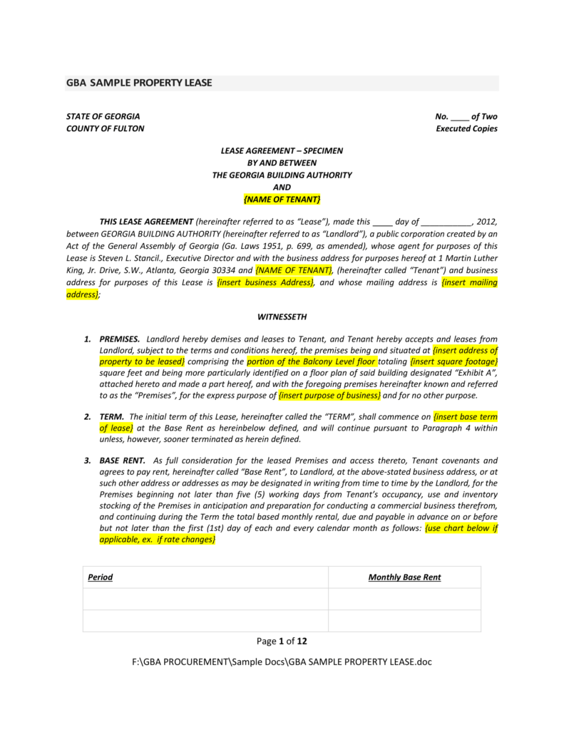 Georgia Property Lease Agreement Sample