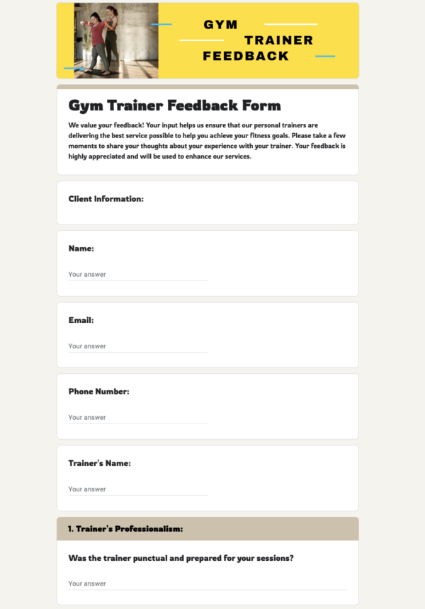 Free Gym Trainer Feedback Form Template in Google Forms