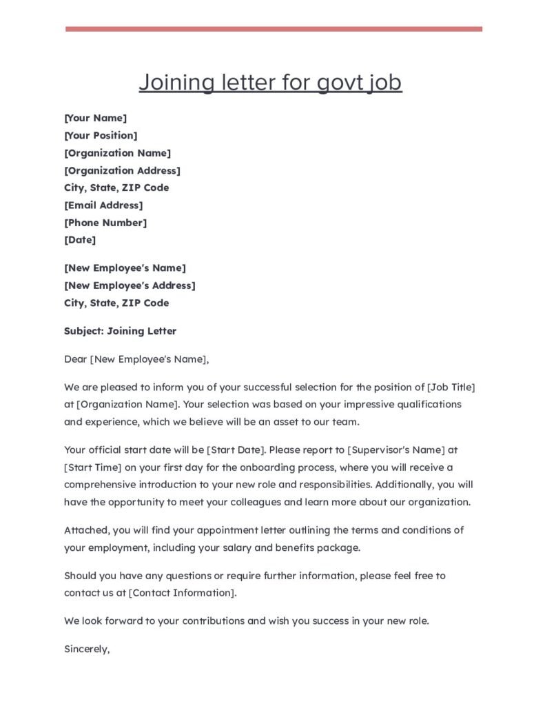 Joining letter for govt job