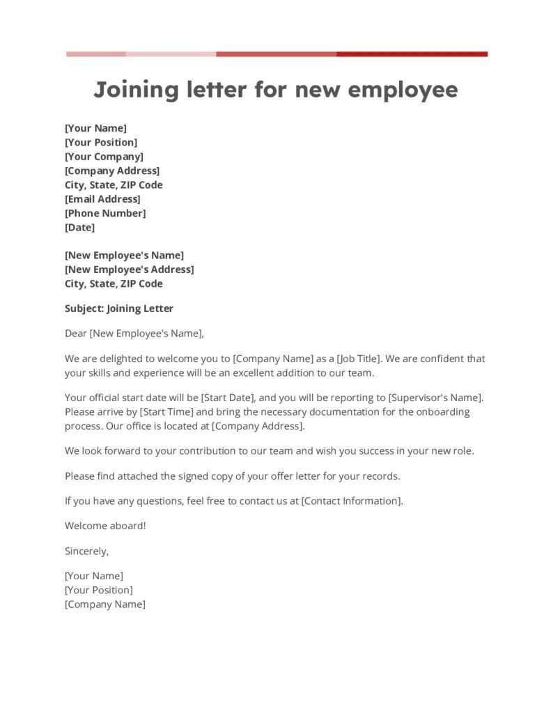 Joining letter for new employee