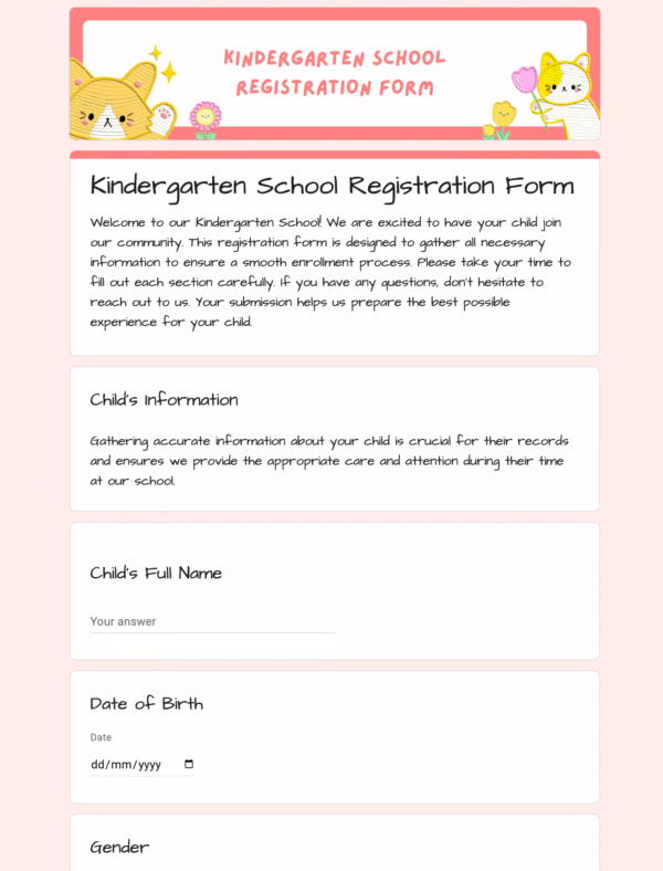 Kindergarten School Registration Form