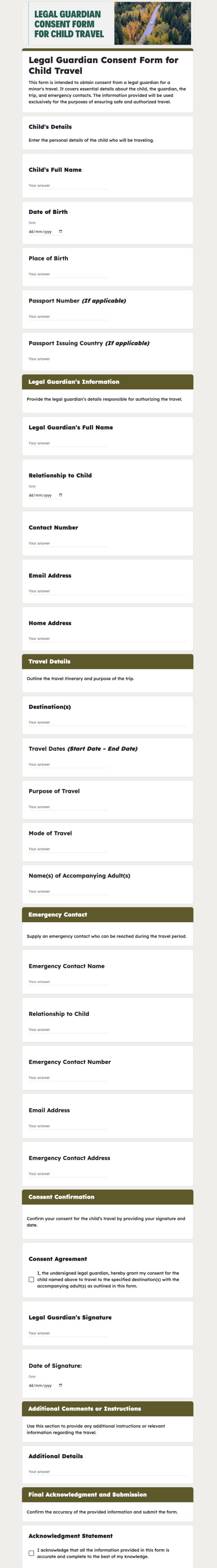 Legal Guardian Consent Form for Child Travel template