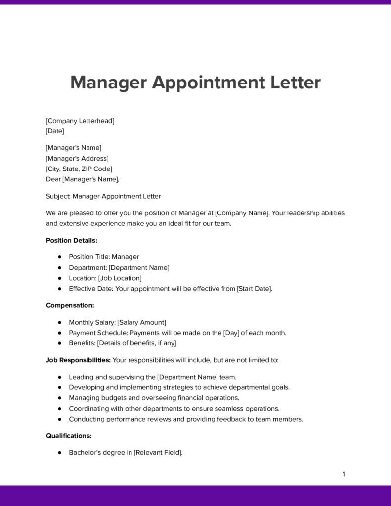 Manager Appointment Letter