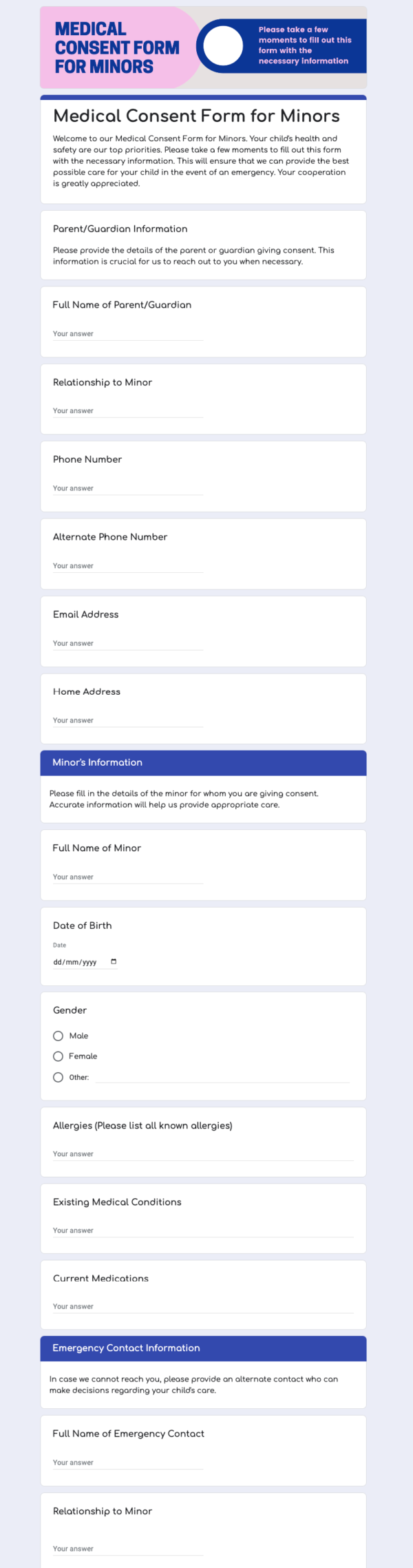 Medical Consent Form for Minors