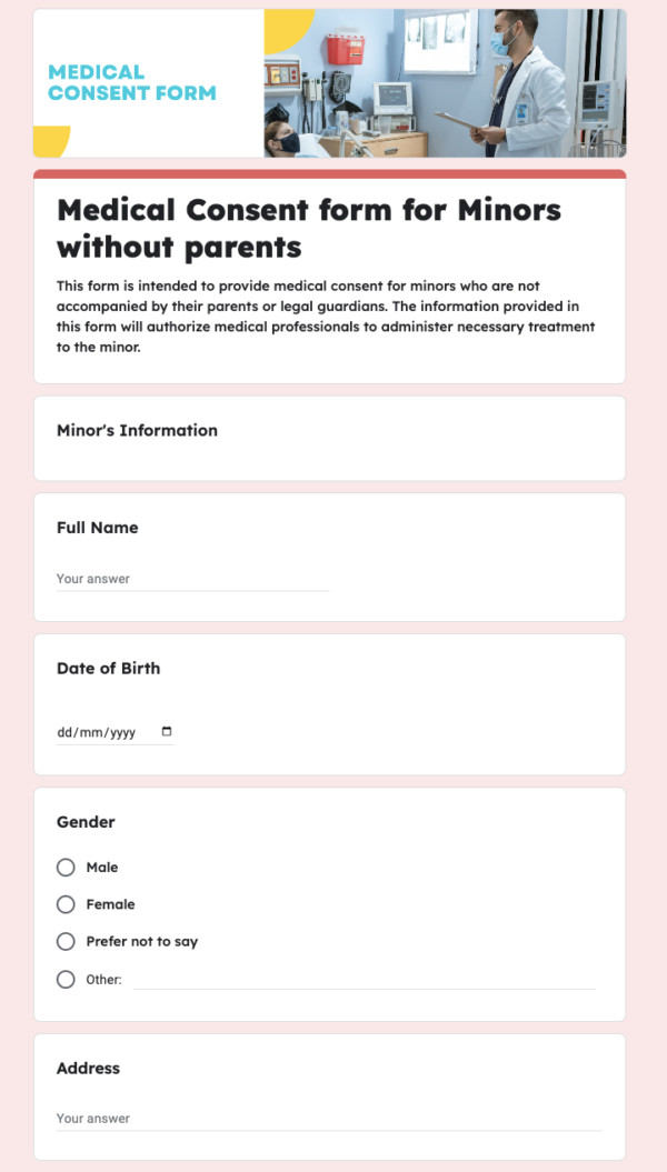 Medical Consent form for Minors without parents