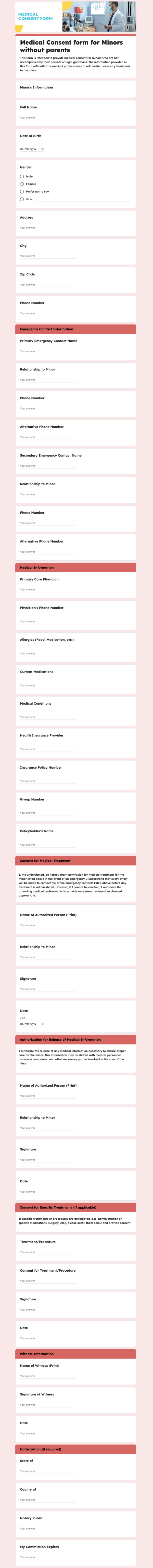 Medical Consent form for Minors without parents