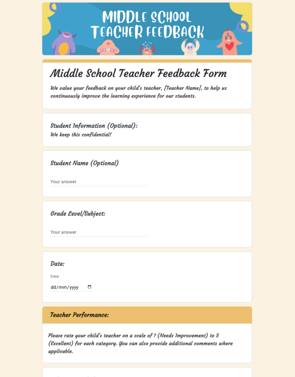 Middle School Teacher Feedback Form