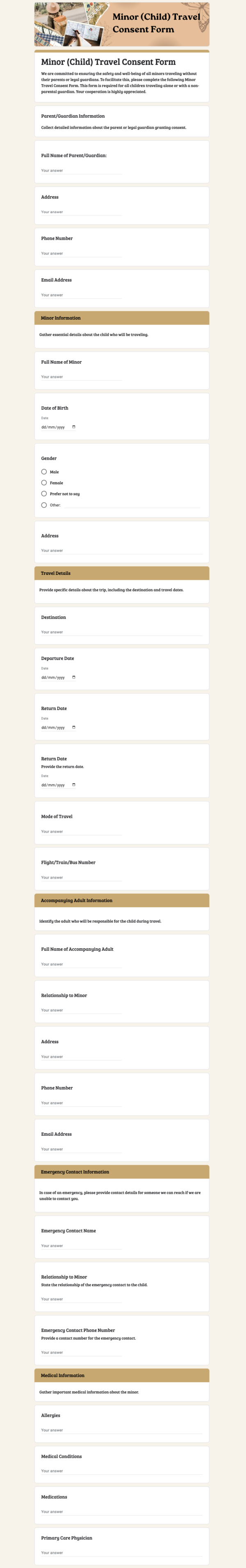 Minor (Child) Travel Consent Form template