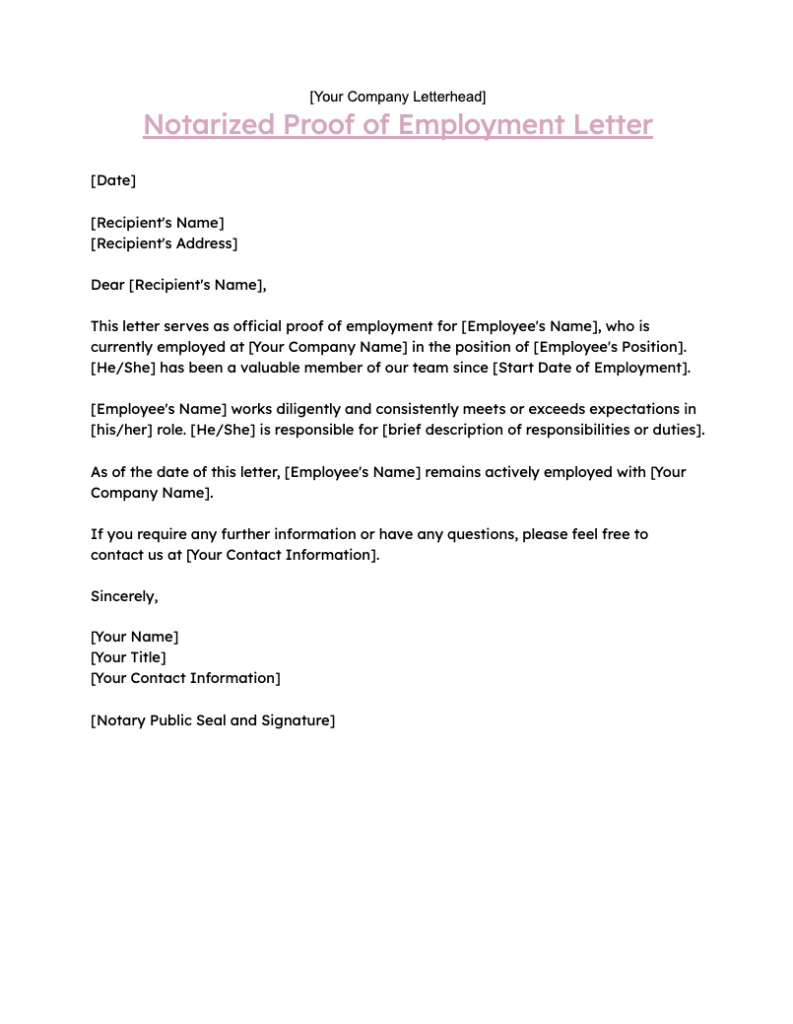 Notarized Proof of Employment Letter