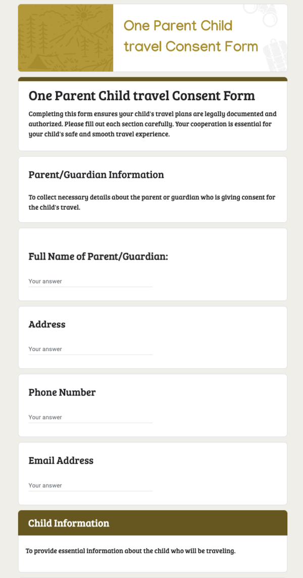 One Parent Child travel Consent Form