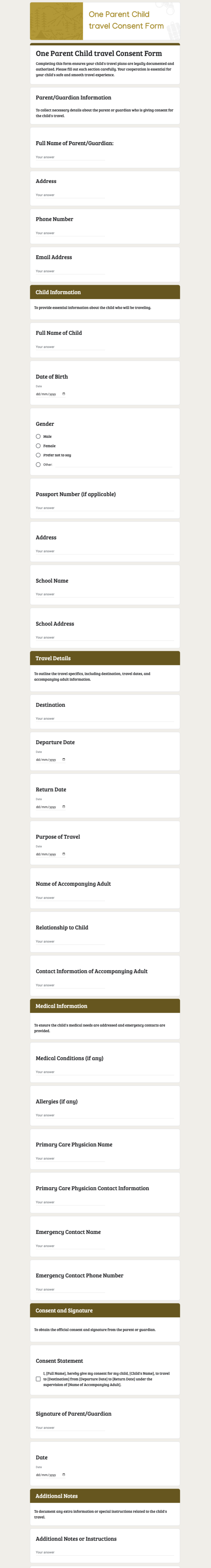 One Parent Child travel Consent Form