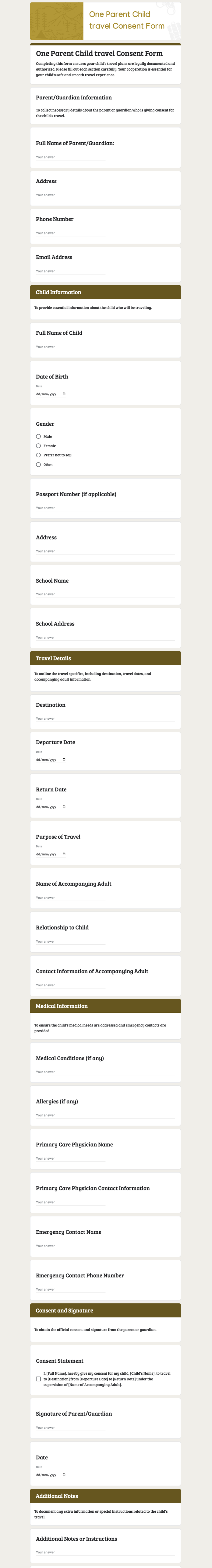 Free One Parent Child travel Consent Form Template in Google Forms