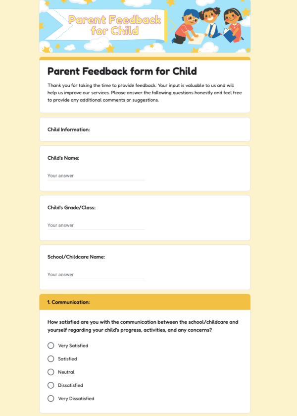 Parent Feedback form for Child