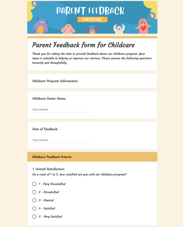 Parent Feedback form for Childcare