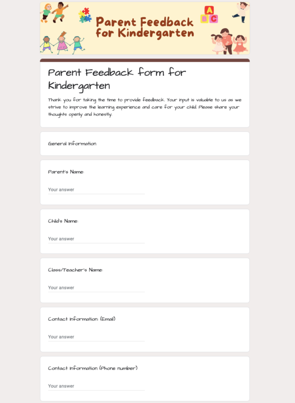 Parent Feedback form for Kindergarten