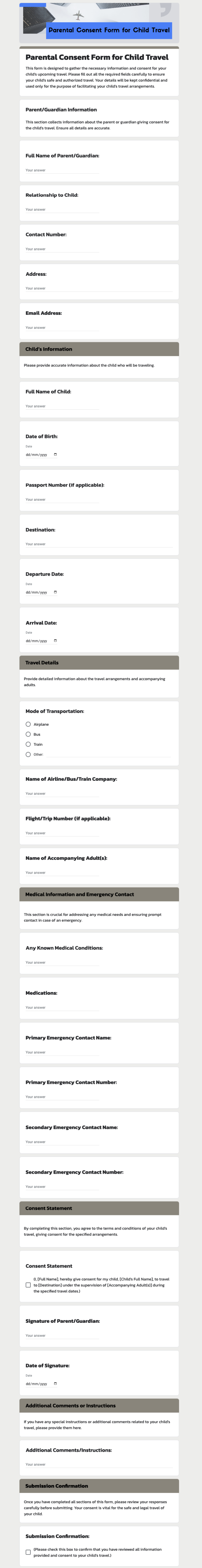 Parental Consent Form for Child Travel template