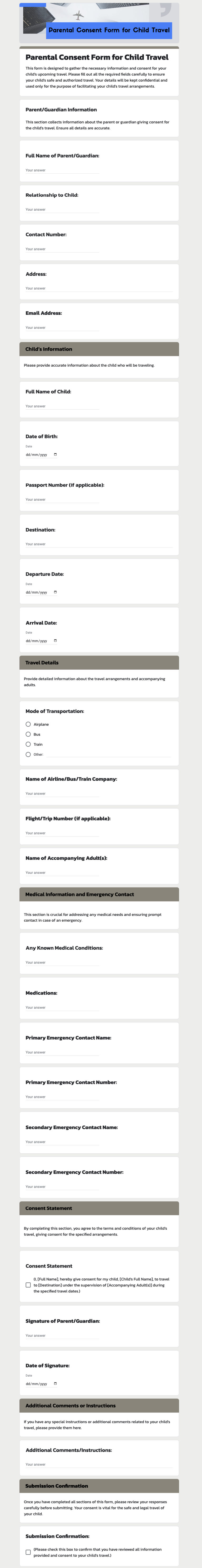 Free Parental Consent Form for Child Travel Template in Google Forms
