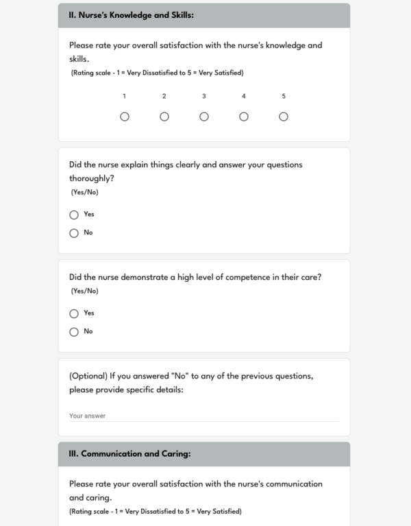 Patient Feedback Form for Nurse