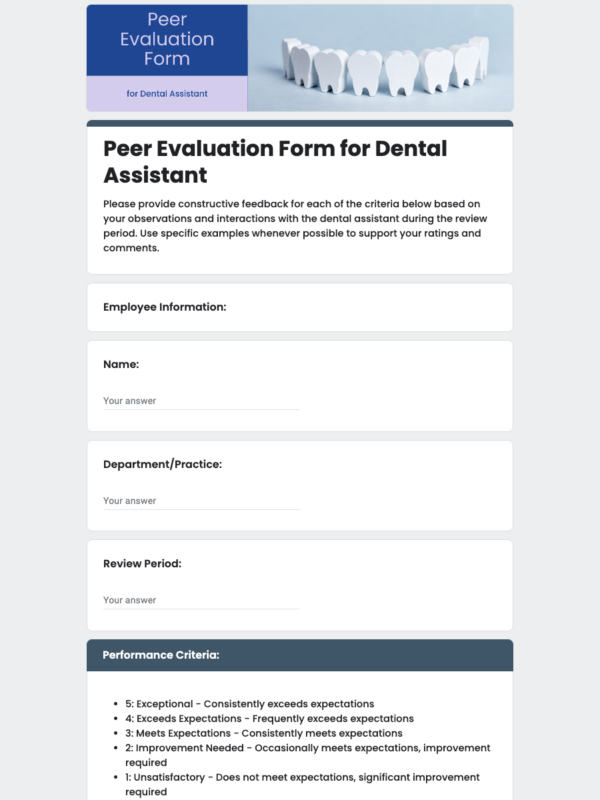 Peer Evaluation Form for Dental Assistant