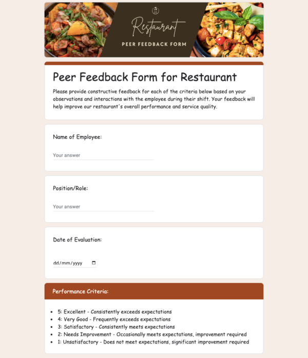 Peer Feedback Form for Restaurant