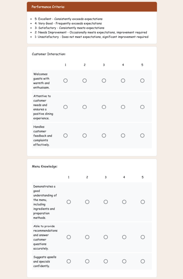 Peer Feedback Form for Restaurant