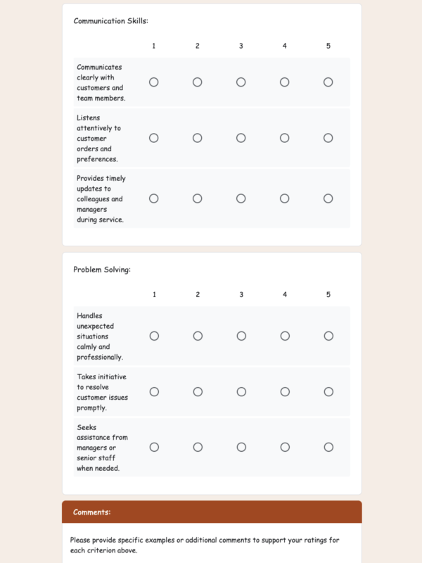 Peer Feedback Form for Restaurant