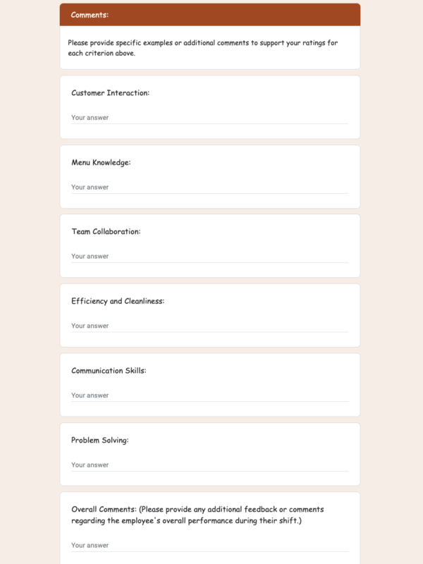 Peer Feedback Form for Restaurant